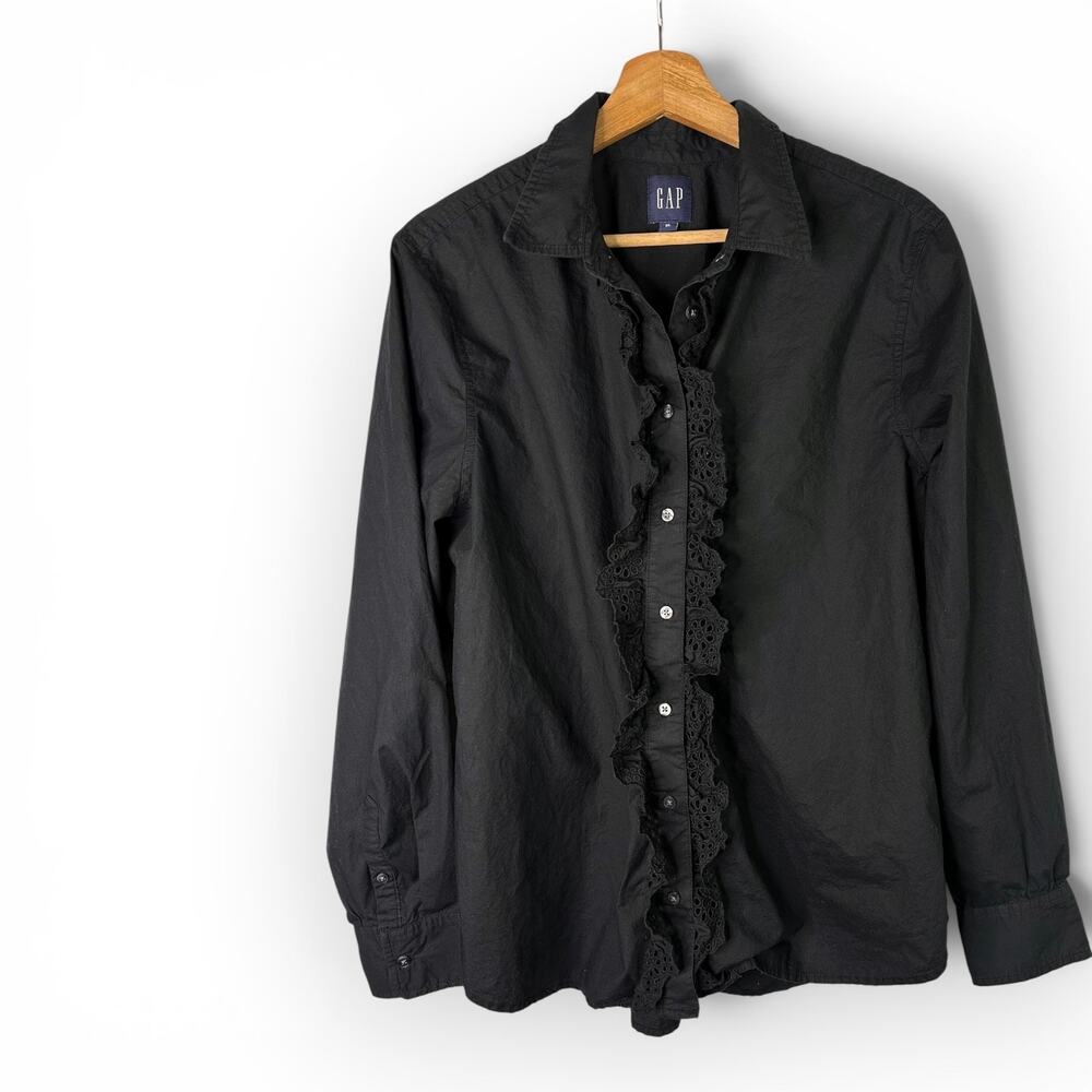 Gap Eyelet Ruffle Perfect Shirt Womens XL Solid Black Cotton Nylon Blouse
